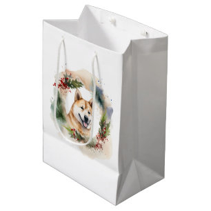Akita Christmas Wreath Festive Pup Medium Gift Bag