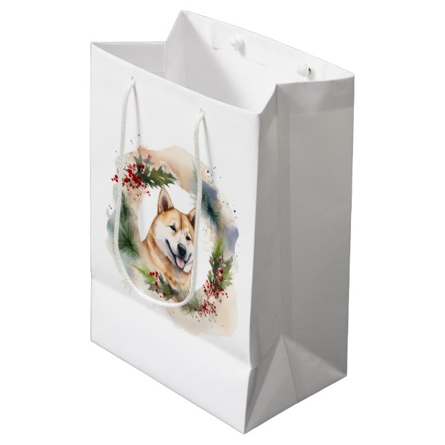 Akita Christmas Wreath Festive Pup Medium Gift Bag (Front Angled)