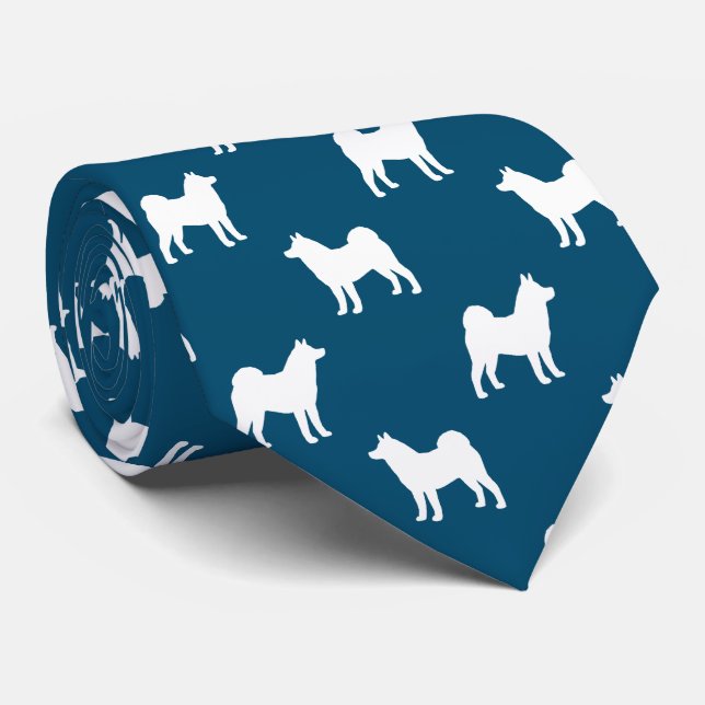 Akita Dog Breed Silhouettes Pattern Blue and White Tie (Rolled)