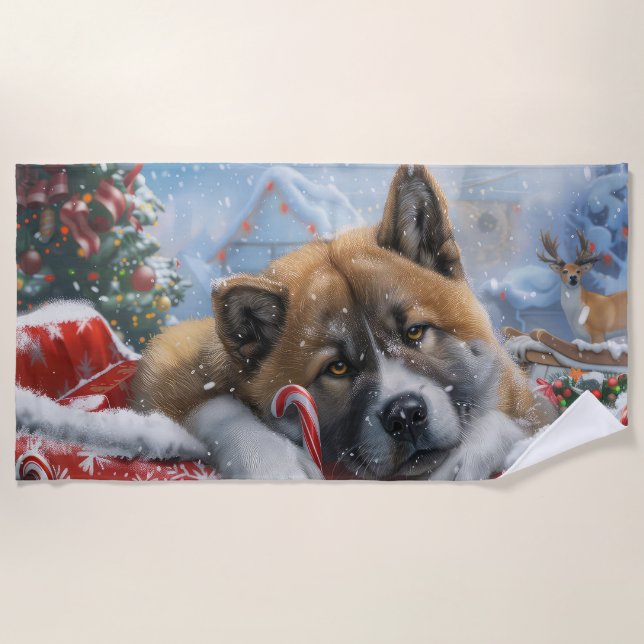 Akita Dog Christmas Festive Beach Towel (Front)