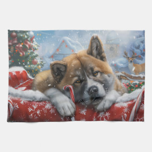 Akita Dog Christmas Festive Tea Towel