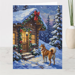 Akita Dog Christmas Log Cabin Holiday Card