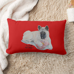 Akita dog cuddling pink teddy bear pet portrait lumbar cushion
