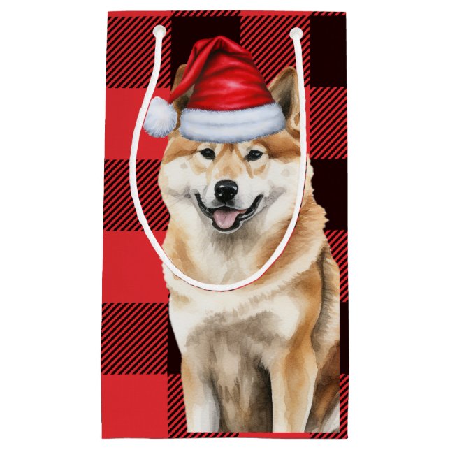 Akita Dog Holiday Red Buffalo Plaid Christmas Small Gift Bag (Front)