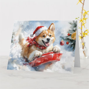 Akita Dog in Sledge Let it Snow Christmas Card