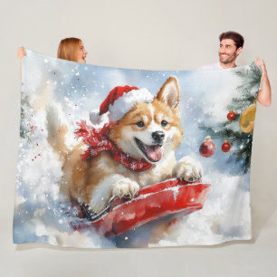 Akita Dog in Sledge Let it Snow Christmas Fleece Blanket
