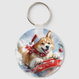 Akita Dog in Sledge Let it Snow Christmas Key Ring