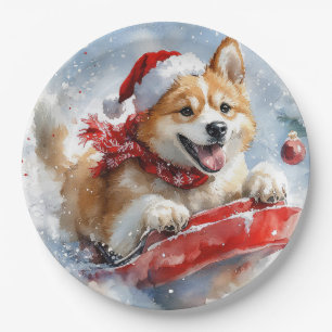 Akita Dog in Sledge Let it Snow Christmas Paper Plate