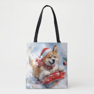 Akita Dog in Sledge Let it Snow Christmas Tote Bag