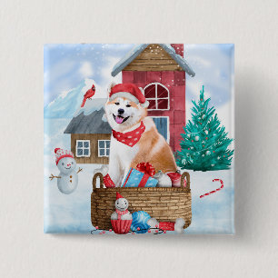 Akita Dog In snow Christmas Dog House 15 Cm Square Badge