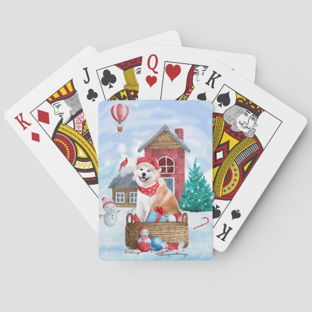 Akita Dog In snow Christmas Dog House Playing Cards (Back)