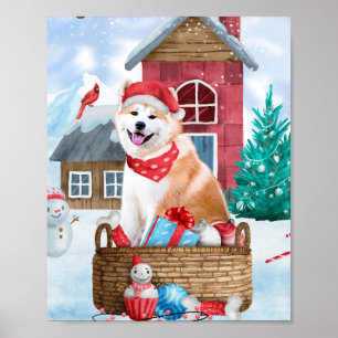 Akita Dog In snow Christmas Dog House Poster