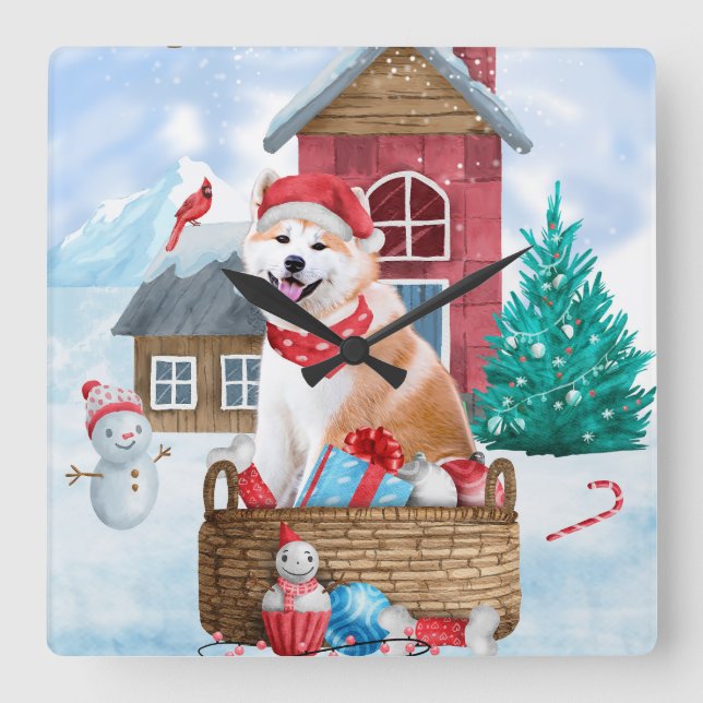 Akita Dog In snow Christmas Dog House Square Wall Clock (Front)