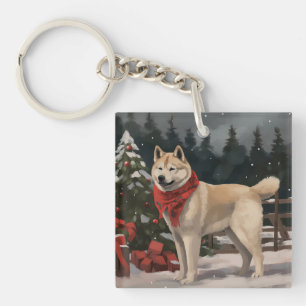 Akita Dog in Snow Christmas Key Ring