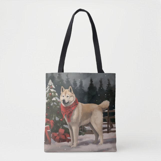 Akita Dog in Snow Christmas Tote Bag (Front)
