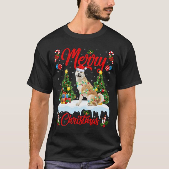 Akita Dog Lights Xmas Tree Santa Akita Christmas T T-Shirt (Front)