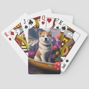 Akita Dog on a Paddle: A Scenic Adventure Playing Cards