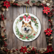 Akita Dog Red Bow Holly Wreath