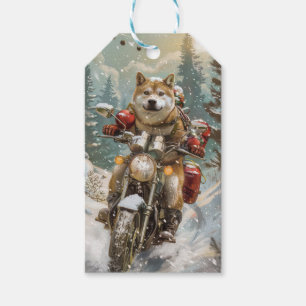 Akita Dog Riding Motorcycle Christmas Gift Tags