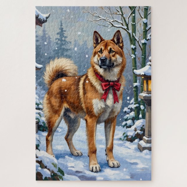 Akita Dog Serene Japanese Winter Christmas Jigsaw Puzzle (Vertical)
