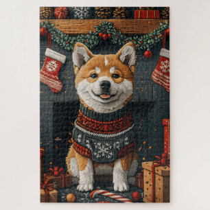 Akita Dog With Christmas Gifts Fireplace Jigsaw Puzzle
