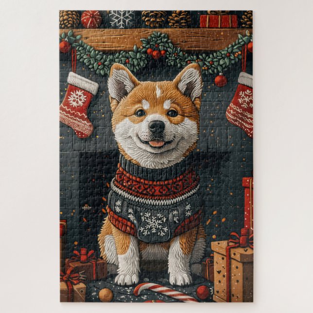 Akita Dog With Christmas Gifts Fireplace Jigsaw Puzzle (Vertical)