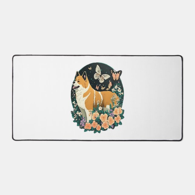 Akita Dog with Flower and Butterfly T Shirt Desk Mat (Front)