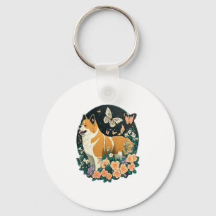 Akita Dog with Flower and Butterfly T Shirt Key Ring