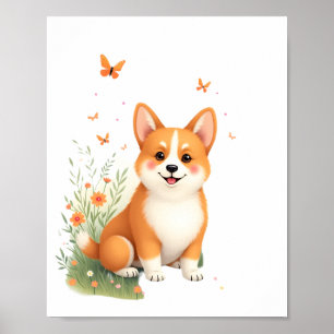Akita Dog with Flower and Butterfly T Shirt Poster