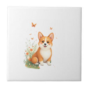 Akita Dog with Flower and Butterfly T Shirt Tile