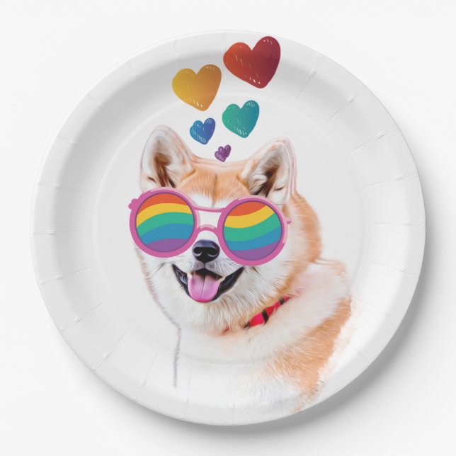 Akita Dog with Hearts Valentine's Day Paper Plate (Front)
