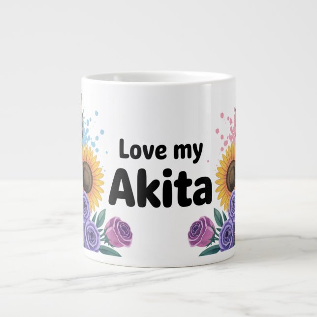 Akita Dog with Sunflowers & Roses  Large Coffee Mug (Front)