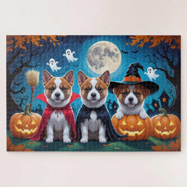 Akita Dogs Pumpkin Halloween Funny Jigsaw Puzzle (Horizontal)