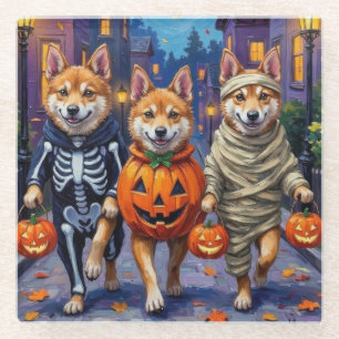 Akita Dogs Trick-or-Treating in Halloween Costumes Glass Coaster