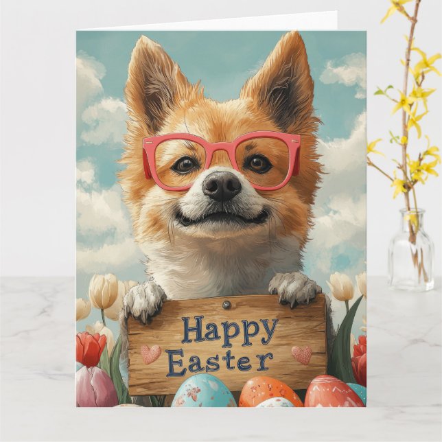 Akita Easter Eggs Card (Yellow Flower)