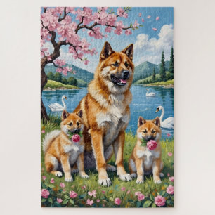 Akita Family Meadow Floral Art Jigsaw Puzzle