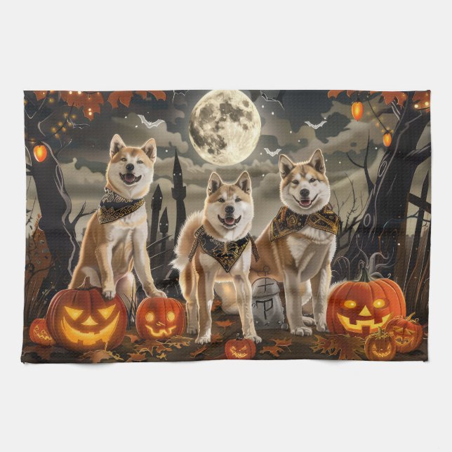 Akita Halloween Spooky Tea Towel (Horizontal)