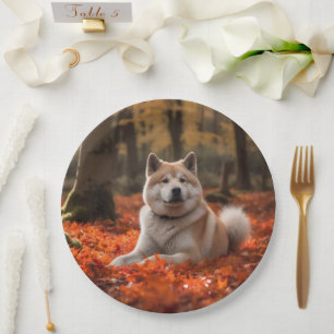 Akita in Autumn Leaves Fall Inspired Paper Plate