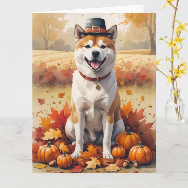 Akita in Autumn Leaves Thanksgiving Art  Card (Yellow Flower)