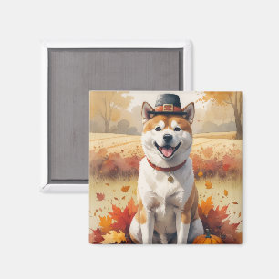 Akita in Autumn Leaves Thanksgiving Art Magnet
