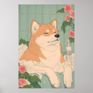 Akita Inu Bathroom Print Funny Dog in Bathtub in