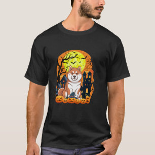 Akita Inu Dog With Pumpkins Funny Scary Halloween  T-Shirt