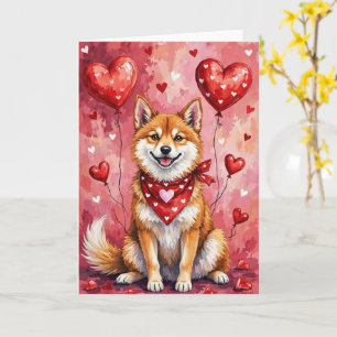 Akita Inu Valentine Dog Sitting with Hearts Red Card