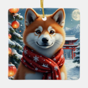Akita Japanese Christmas Winter Portrait Art Ceramic Ornament
