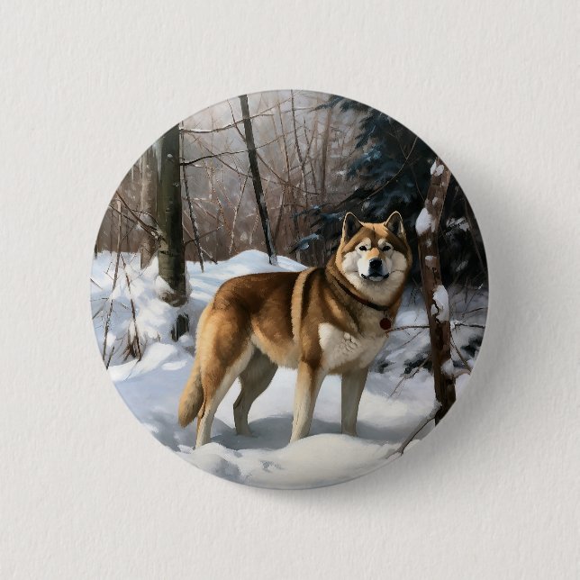 Akita Let It Snow Christmas  6 Cm Round Badge (Front)