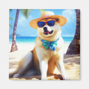 Akita on Beach, summer gift for dog lovers Gift Ta Magnet