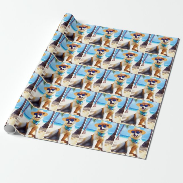Akita on Beach, summer gift for dog lovers Gift Ta Wrapping Paper (Unrolled)