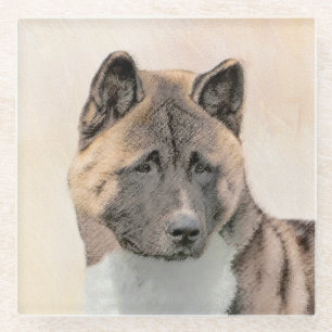 Akita Painting - Cute Original Dog Art Glass Coaster
