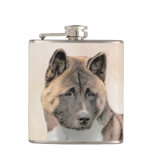 Akita Painting - Cute Original Dog Art Hip Flask
