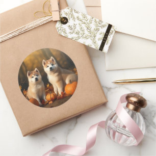 Akita Puppy Autumn Delight Pumpkin Classic Round Sticker